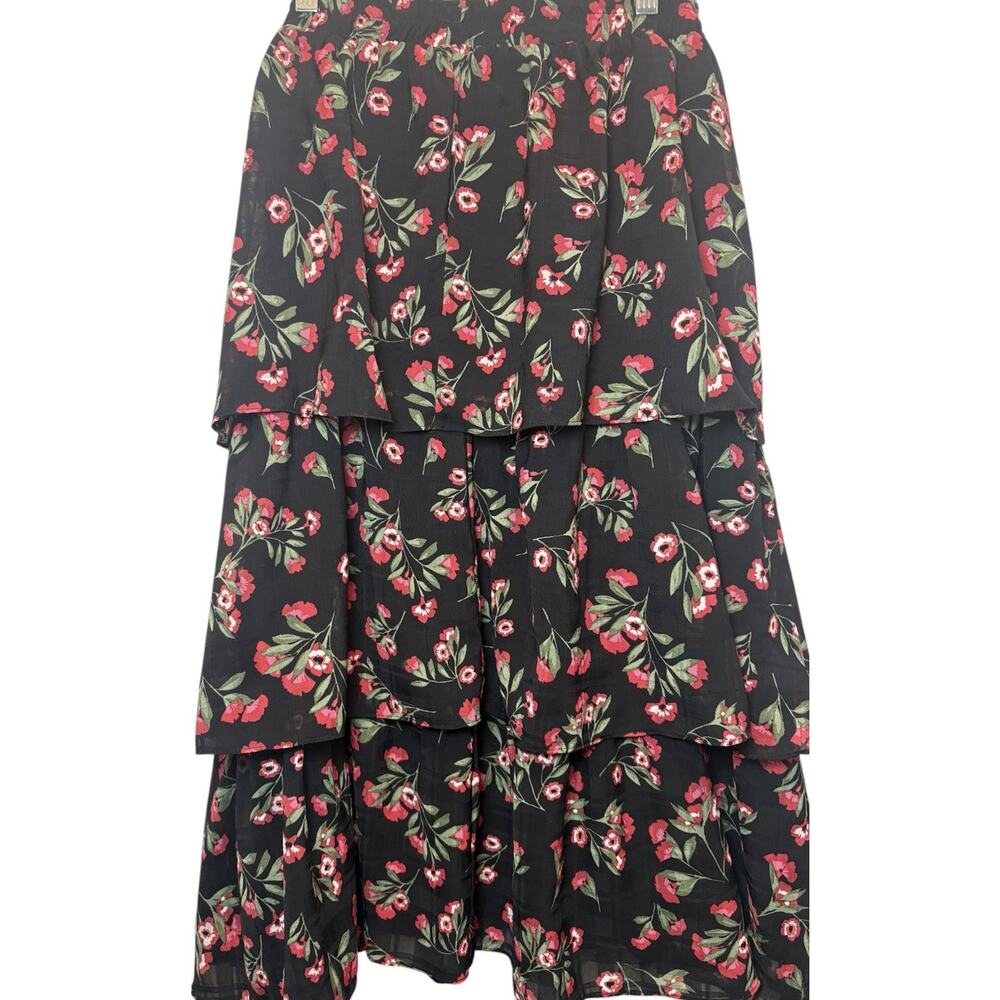 Draper James Overlay Tiered Black Floral Pull-On Skirt Size XL